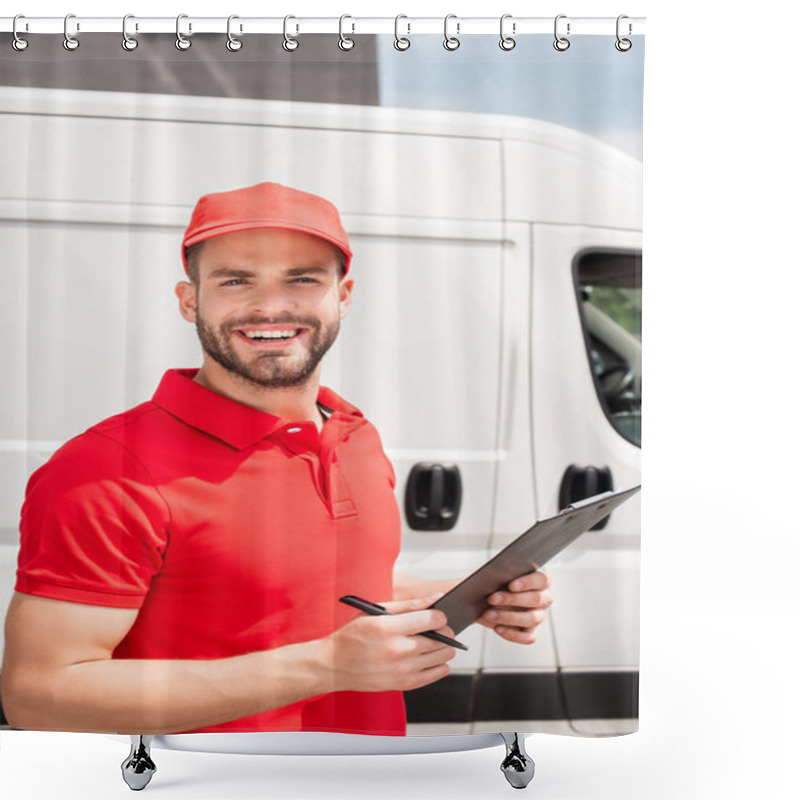 Personality  Cheerful Delivery Man In Red Uniform With Notepad Looking At Camera Shower Curtains