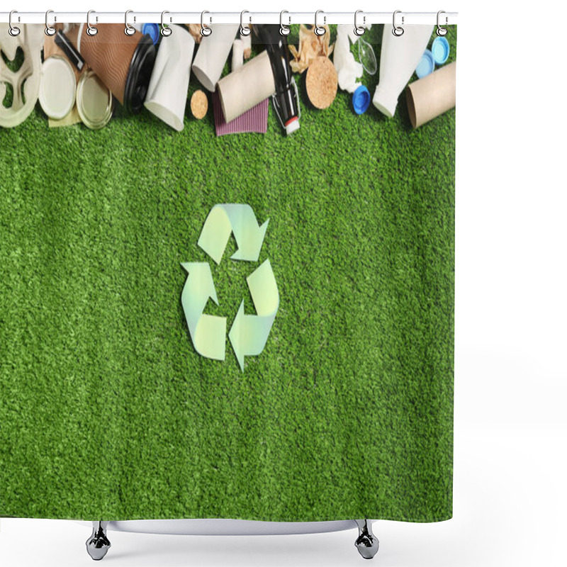 Personality  Recycling Symbol And Different Garbage On Synthetic Turf Shower Curtains