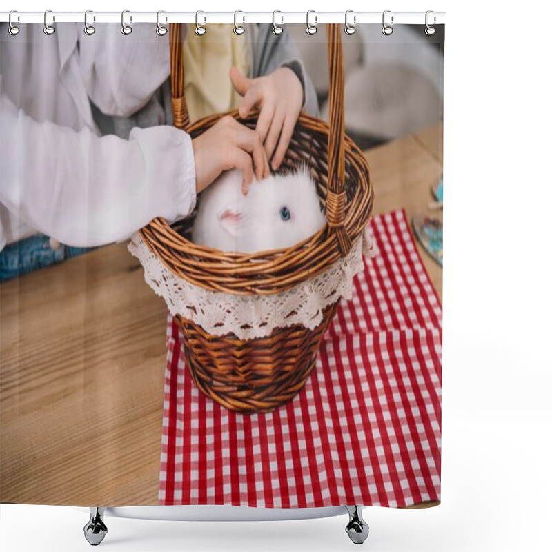 Personality  Cropped Shot Of Kids Playing With Rabbit In Basket Shower Curtains