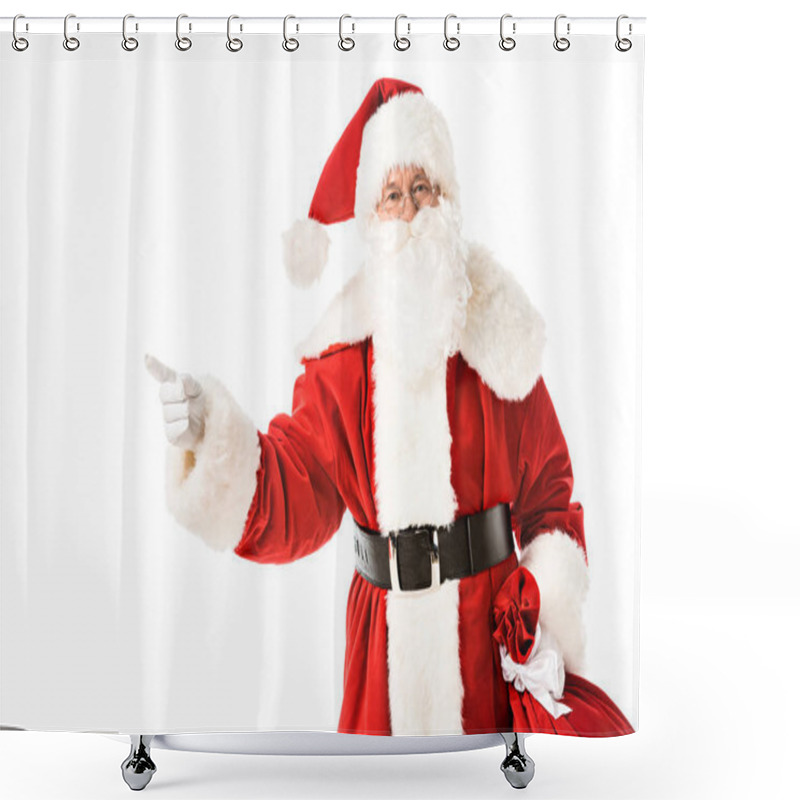 Personality  Santa Claus Pointing Away While Looking At Camera Isolated On White Shower Curtains