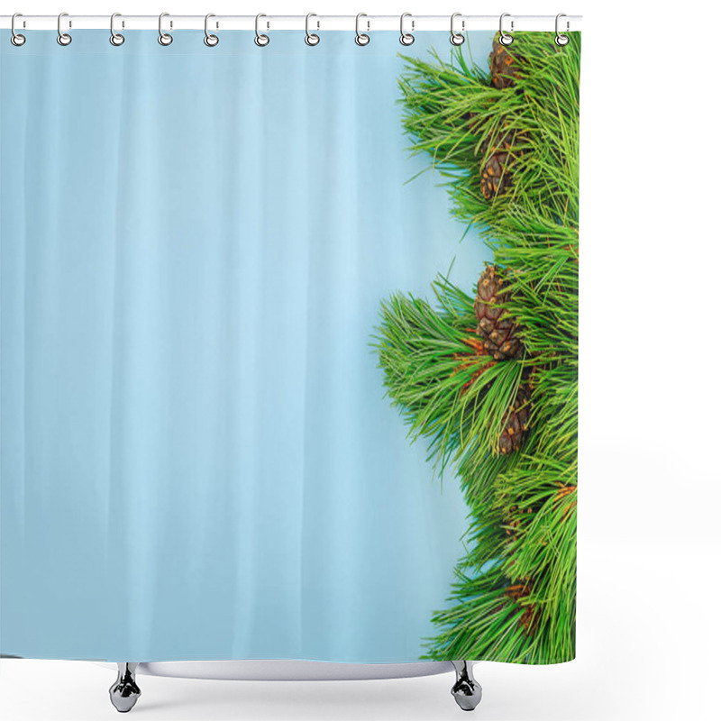 Personality  Natural Evergreen Cedar Branches With Cones Border On Blue Background. Copy Space Top View Template For Your Design, Invitation, Postcard Shower Curtains