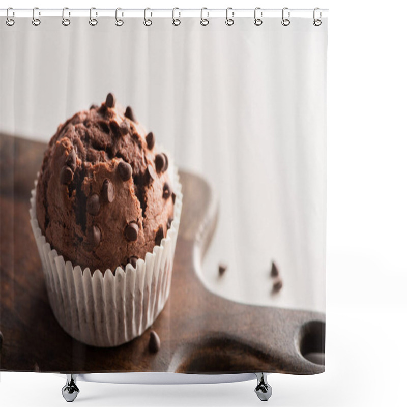 Personality  Close Up View Of Fresh Chocolate Muffin On Wooden Cutting Board Shower Curtains