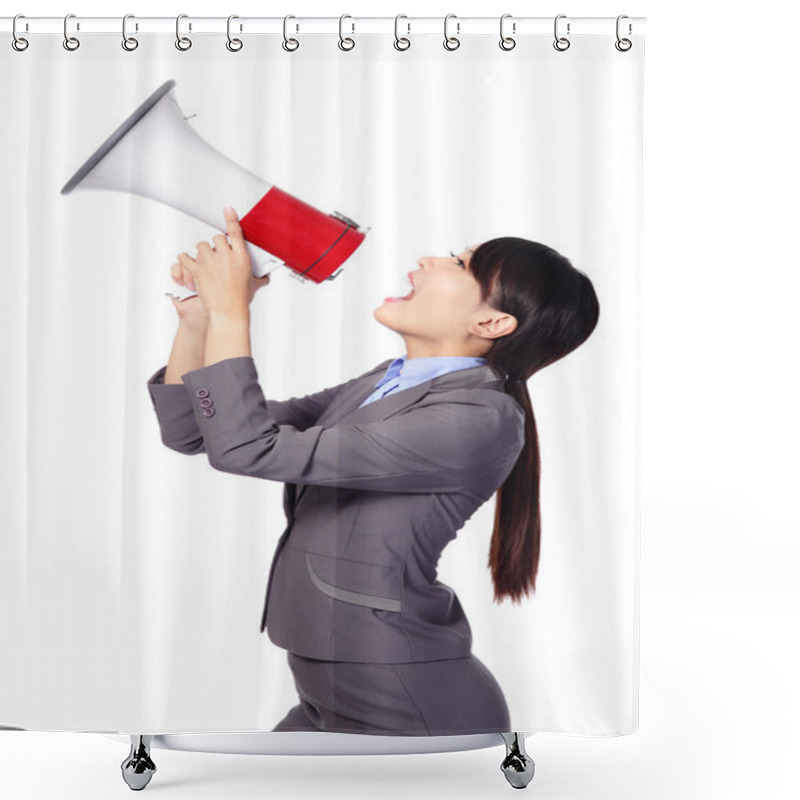 Personality  Business Woman Screaming In Megaphone Shower Curtains