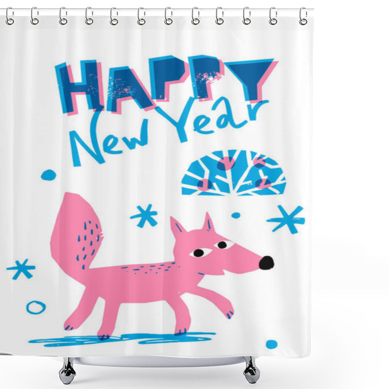 Personality  Winter New Year Poster With Cute Fox In Hand Drawn Silkscreen Style. Vector Merry Christmas Winter Poster Or Card With Cute Animals Characters Celebrating Holidays.  Shower Curtains