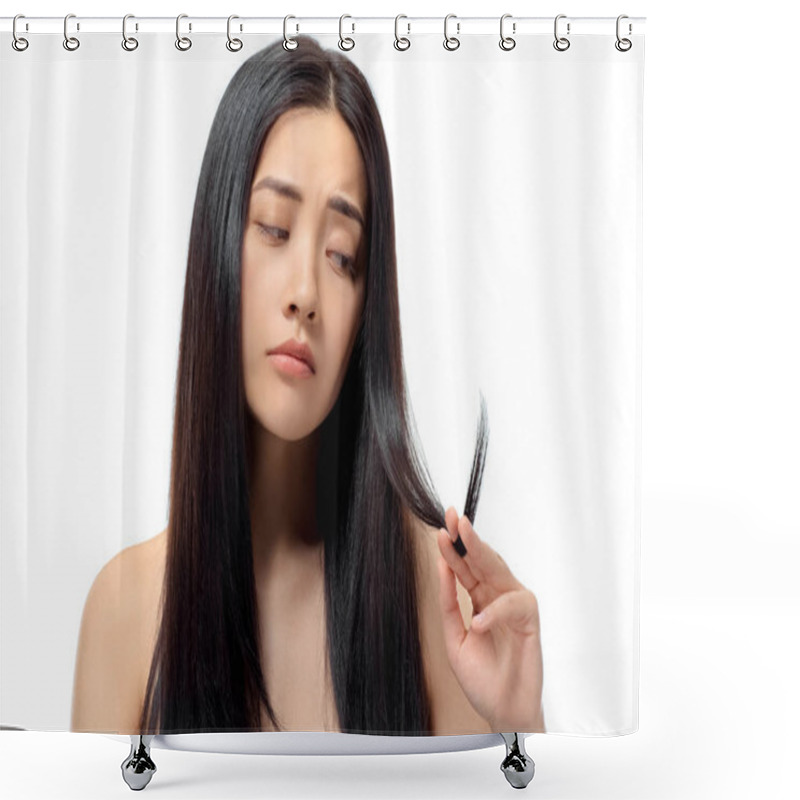 Personality  Portrait Of Upset Asian Woman Looking At Split Ends Isolated On White, Damaged Hair Concept Shower Curtains