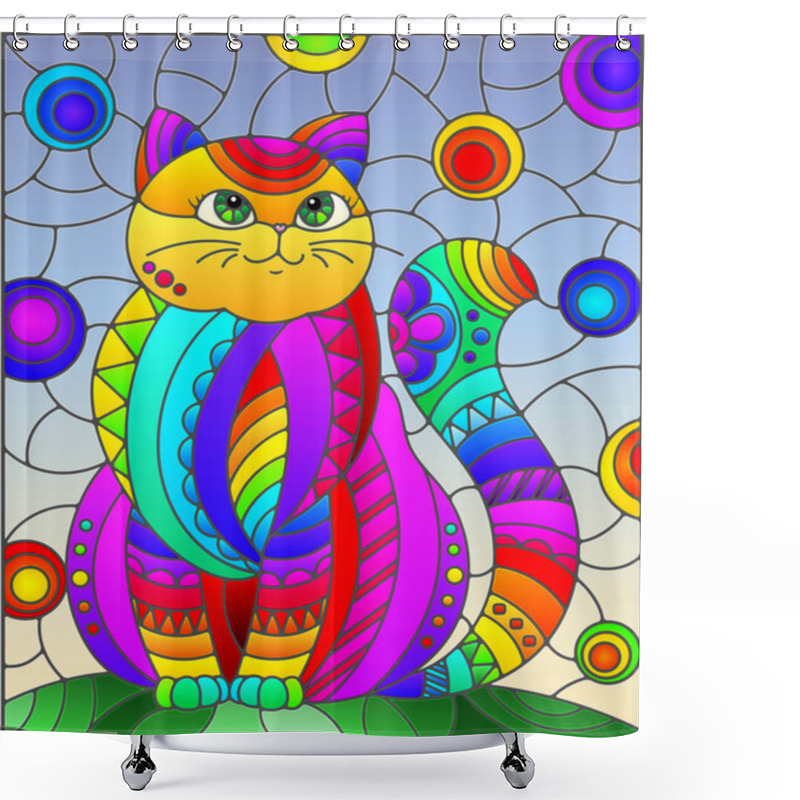 Personality  Illustration In Stained Glass Style With Abstract Cute Rainbow Cat On A Blue Background Shower Curtains