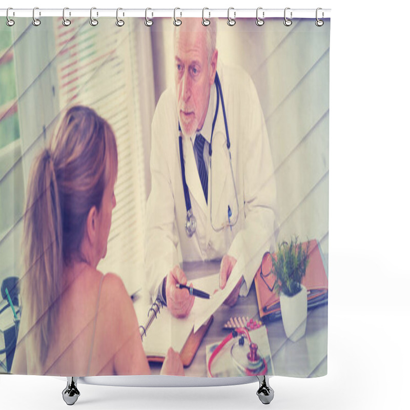 Personality  Senior Doctor Explaining Prescription To His Female Patient In Medical Office, Geometric Pattern Shower Curtains