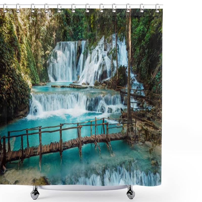 Personality  Scenic Cascade Waterfall With Clear Blue Water And Wooden Bridge In Central Sulawesi, Drone View Shower Curtains