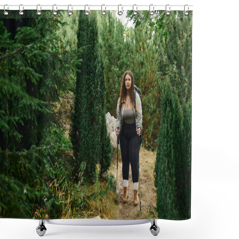 Personality  A Confident Plus Size Woman Walks Through A Lush Green Forest, Embracing The Beauty Of Nature. Shower Curtains