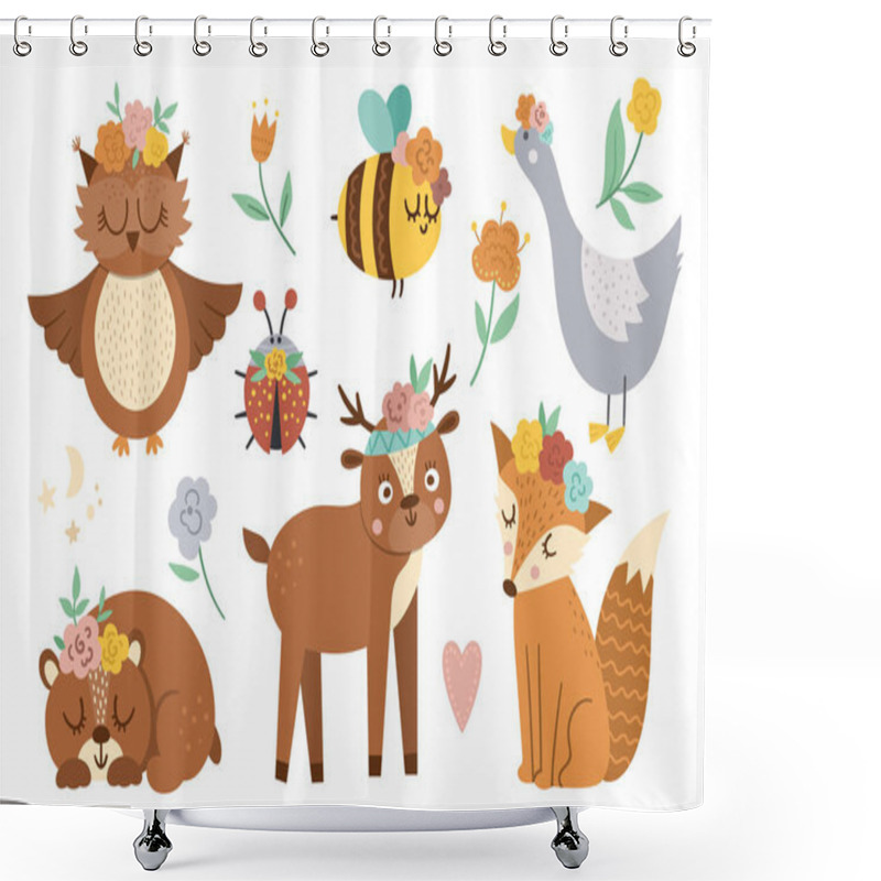 Personality  Vector Woodland Animals, Insects And Birds Collection. Boho Forest Set. Bohemian Fox, Owl, Bear, Deer, Ladybug, Goose With Flowers On Heads. Celestial Clip Art Pack With Cute Characters Shower Curtains