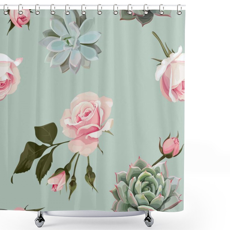 Personality  Succulents And Roses Vector Seamless Pattern Shower Curtains