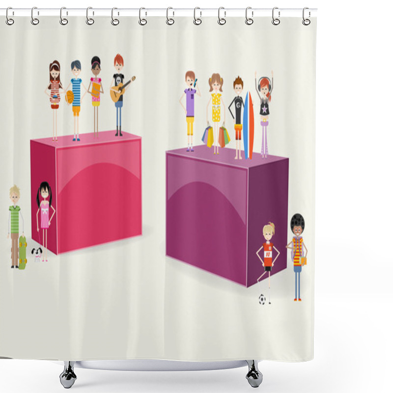 Personality  3d Design Of A Text Box With Cartoon Teenagers. Shower Curtains