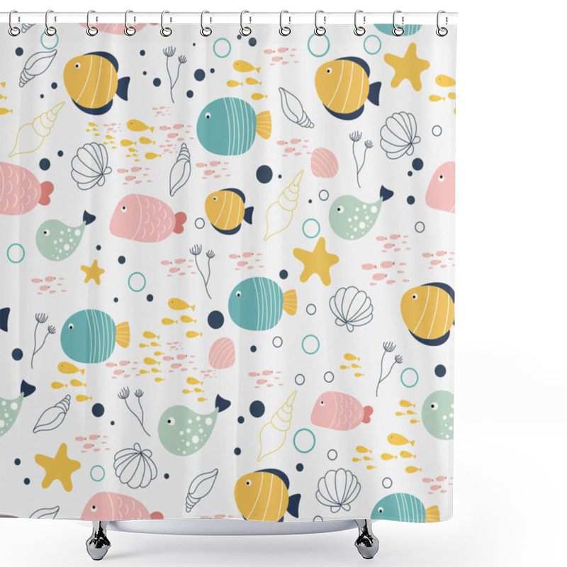 Personality  Vector Pattern Of Fish And Shellfish In The Style Of Doodle. Shower Curtains