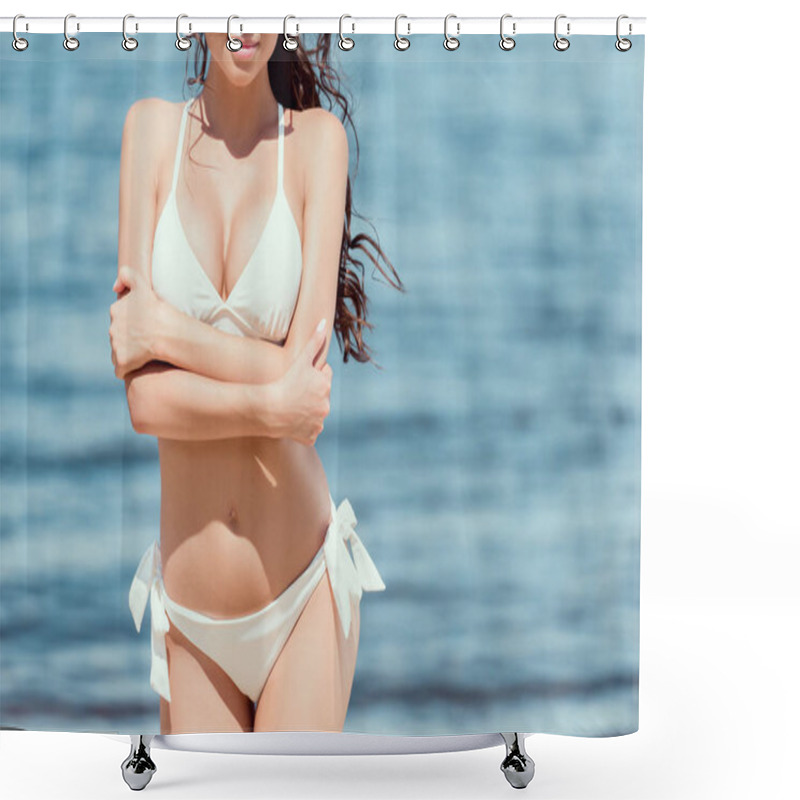 Personality  Cropped View Of Beautiful Slim Girl In White Bikini Posing Near Sea Shower Curtains