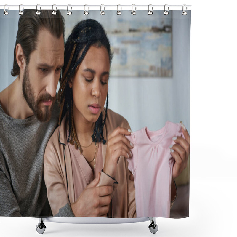 Personality  Sad Man Calming Down African American Wife Crying And Holding Baby Clothes, Miscarriage Concept Shower Curtains