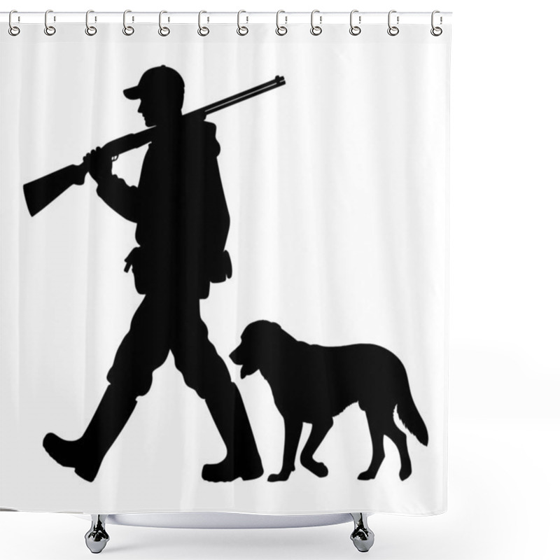 Personality  Silhouette Of A Hunter Walking With His Dog. Vector Illustration Shower Curtains