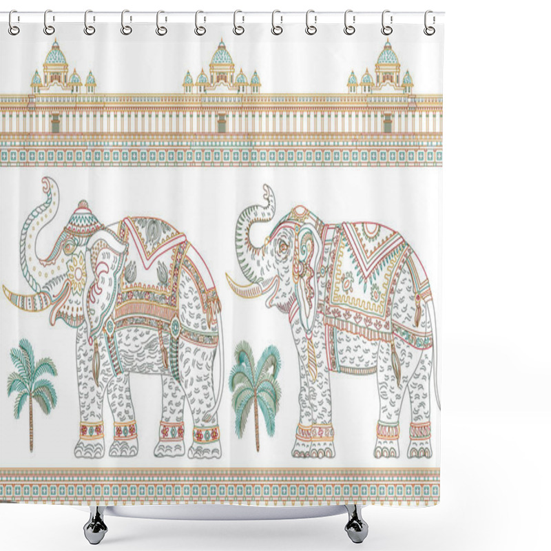 Personality  Vector Seamless Border Pattern With Ornate Indian Elephant, Tropical Palm Tree, Antique Temple. Colorful Thin Line On A White Background. Coloring Book For Adults And Children Shower Curtains