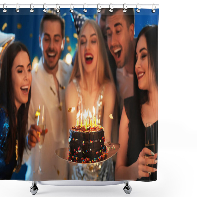 Personality  Young Woman With Tasty Cake And Her Friends At Birthday Party In Club Shower Curtains