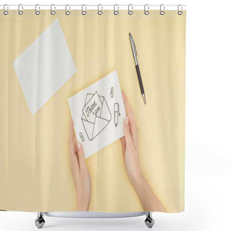 Personality  Cropped Person Holding Paper With Thank You Lettering Isolated On Yellow Background Shower Curtains