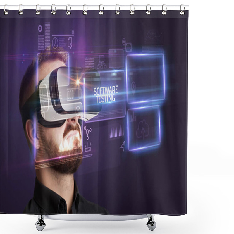 Personality  Businessman Looking Through Virtual Reality Glasses, Tech Concept Shower Curtains