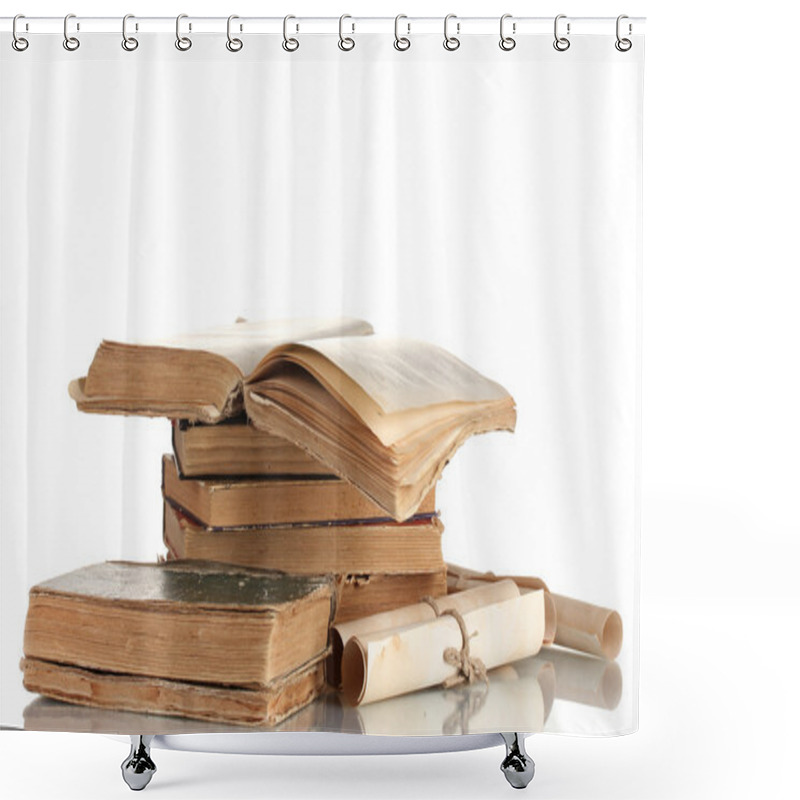 Personality  Pile Of Old Books And Scroll Isolated On White Shower Curtains