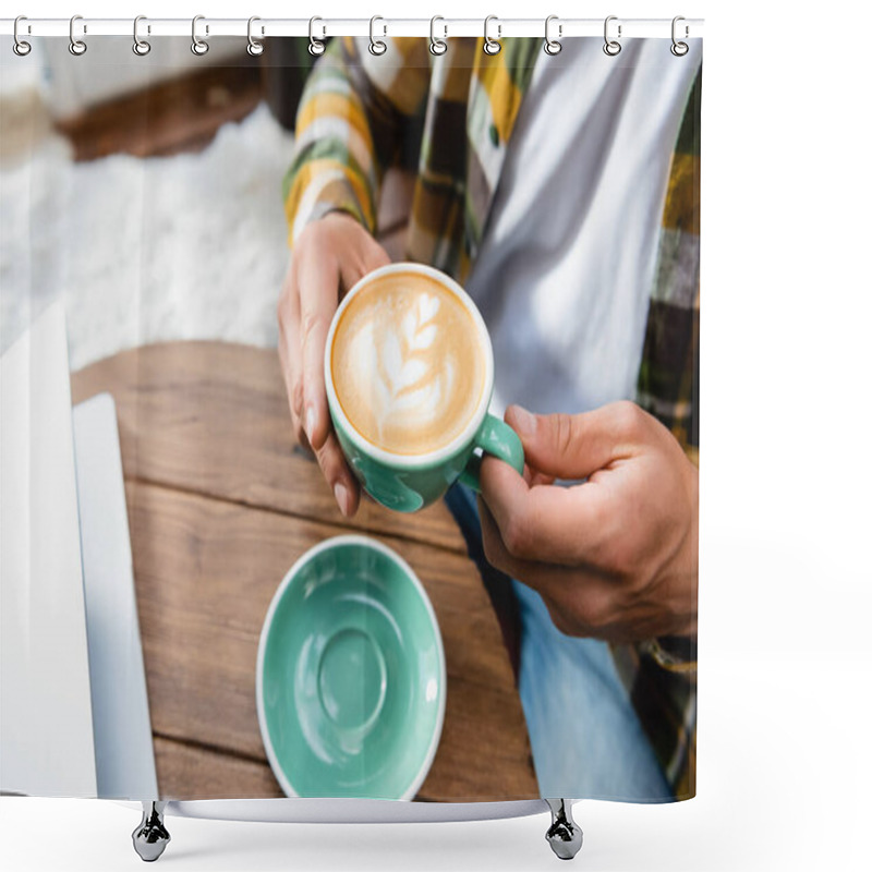 Personality  Cropped View Of Man Sitting In Cafe And Holding Cup Of Coffee With Latte Art Shower Curtains