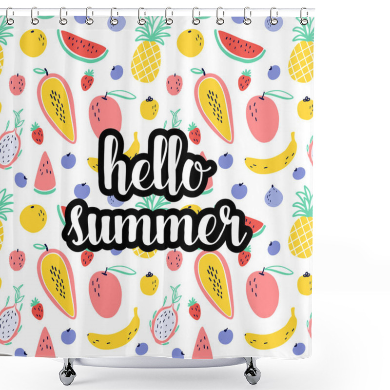 Personality  Hello Summer Text With Tropical Fruit Elements : Pineapple, Mango, Watermelon, Dragon Fruit, Pitaya, Banana, Papaya. Vector Exotic Food Seamless Pattern Background Shower Curtains