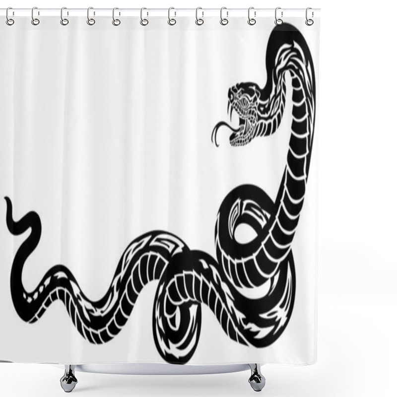 Personality  Poisonous Snake In A Defensive Position. Attacking Posture. Silhouette. Black And White Tattoo Style Vector Illustration Shower Curtains