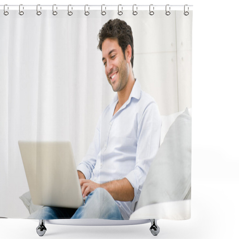 Personality  Young Man At Laptop Shower Curtains