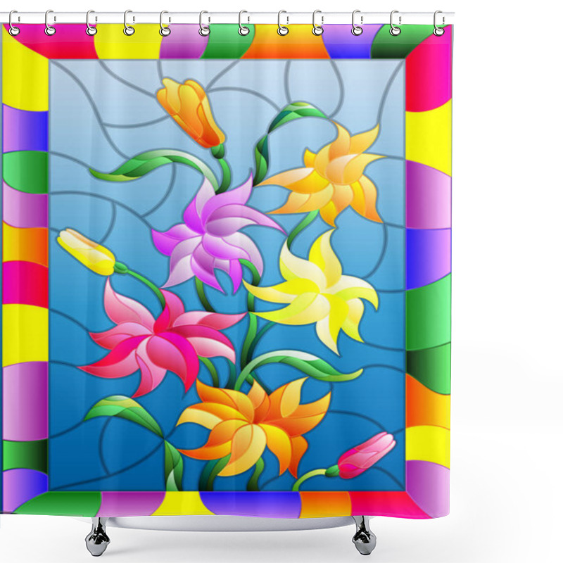 Personality  Illustration In Stained Glass Style With Flowers, Buds And Leaves Of Lily Shower Curtains