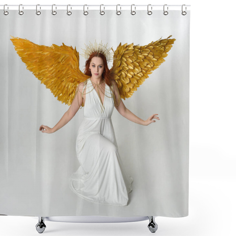 Personality  Portrait Of Beautiful Red Head Woman Wearing Long Flowing Fantasy Toga Gown With Golden Halo Crown Jewellery,  Posed On Isolated On A White Studio Background. Shower Curtains