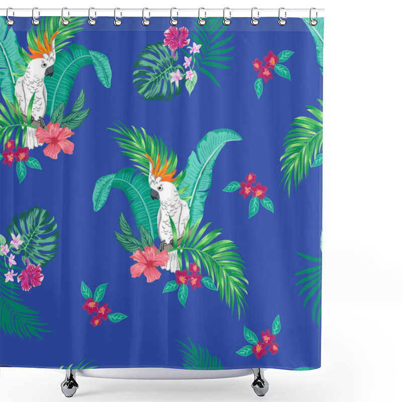 Personality  Vector Seamless Botanical Tropical Pattern With Parrots And Flowers. Floral Exotic Background Design With Banana Leaf, Areca Palm Leaves, Monstera Leaves, Hibiscus Flowers, Frangipani. Shower Curtains