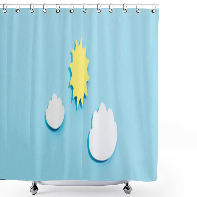 Personality  Top View Of Paper Cut Clouds And Sun On Blue Background, Panoramic Shot Shower Curtains