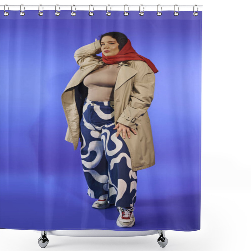 Personality  A Plus Size Woman Exudes Elegance In Stylish Attire With A Striking Red Scarf And Patterned Pants. Shower Curtains