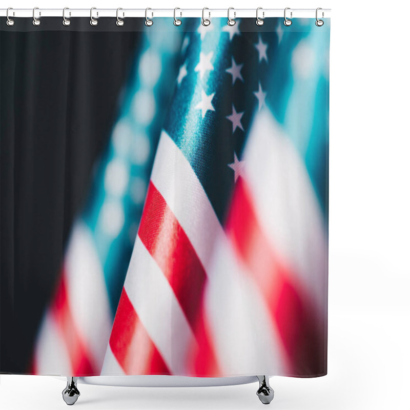 Personality  Selective Focus Of United States Of America National Flags Isolated On Black, Memorial Day Concept Shower Curtains