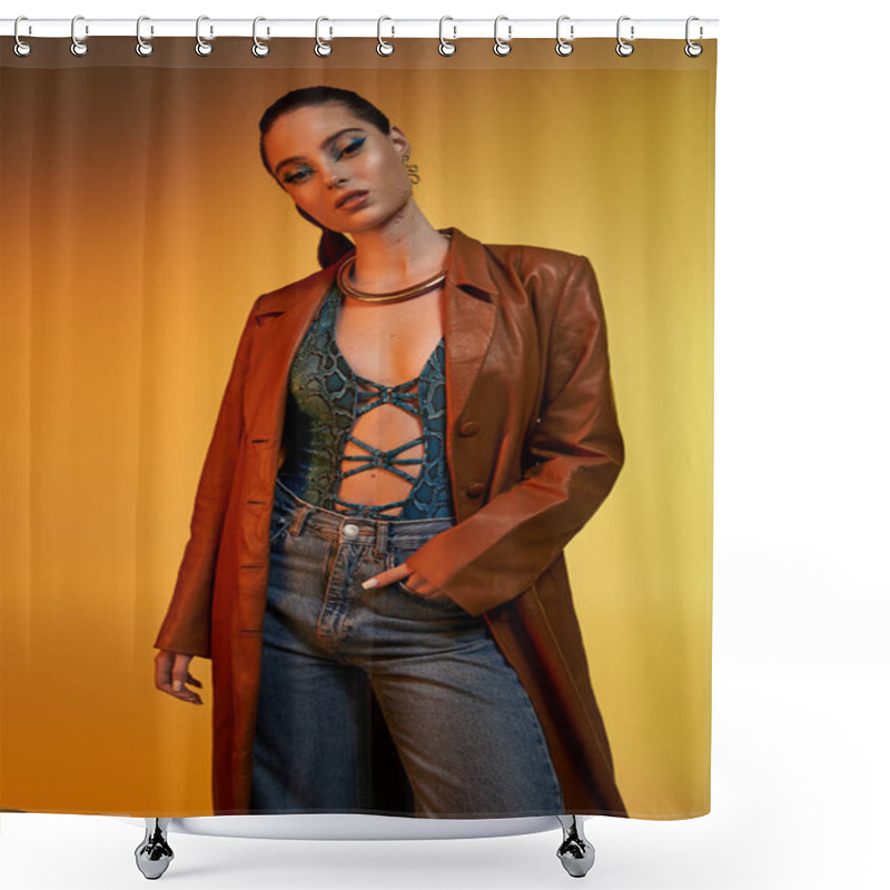 Personality  A Beautiful Young Woman Models Stylish Snake Print Clothing, Exuding Confidence And Elegance. Shower Curtains