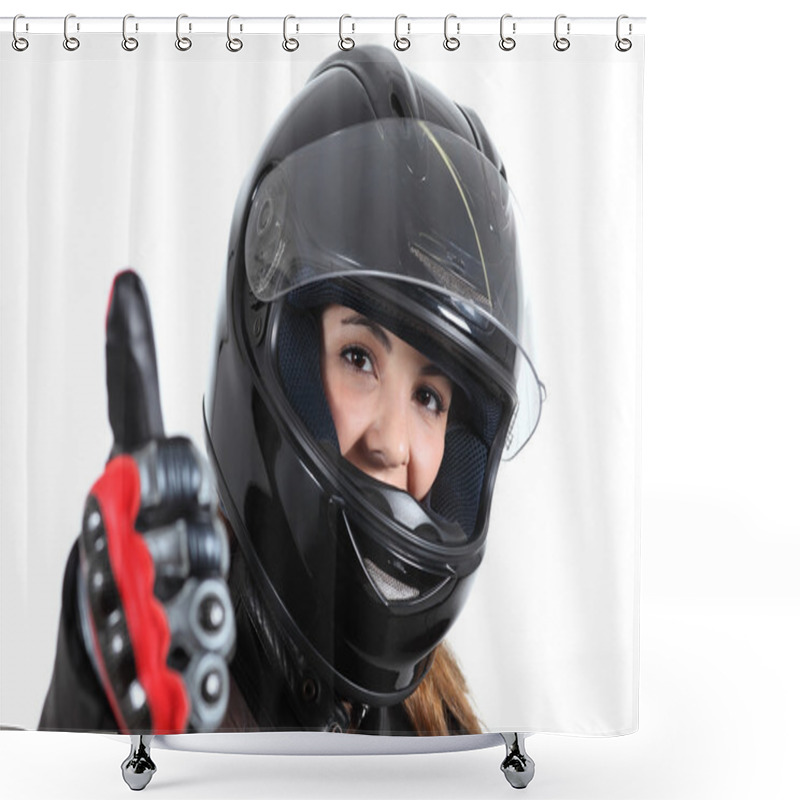 Personality  Happy Biker Woman With A Road Helmet And Thumb Up Shower Curtains