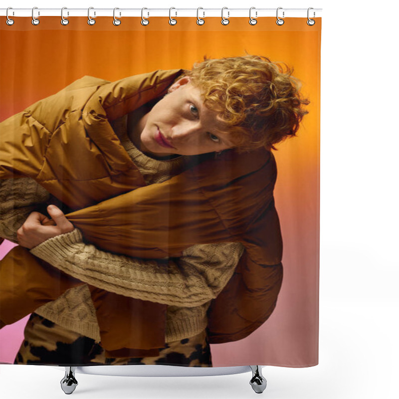 Personality  Draped In A Cozy Brown Puffer, A Stylish Man Showcases Modern Holiday Fashion Against A Vibrant Backdrop. Shower Curtains