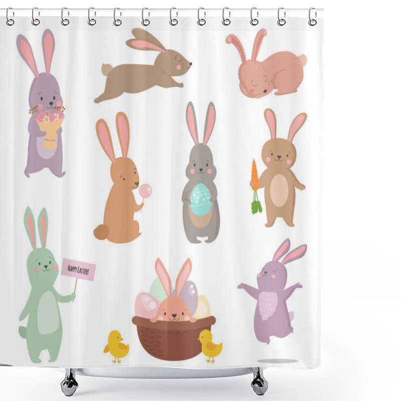 Personality  Easter Rabbit Character Bunny Different Pose Vector Set Shower Curtains