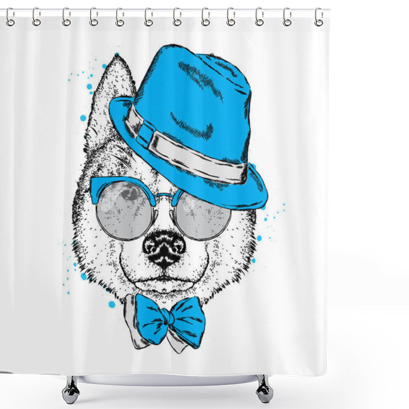 Personality  A Beautiful Dog In A Hat, Glasses And A Tie. Vector Illustration For A Postcard Or Poster, Print On Clothes. Purebred Puppy. Husky Or Wolf. Shower Curtains