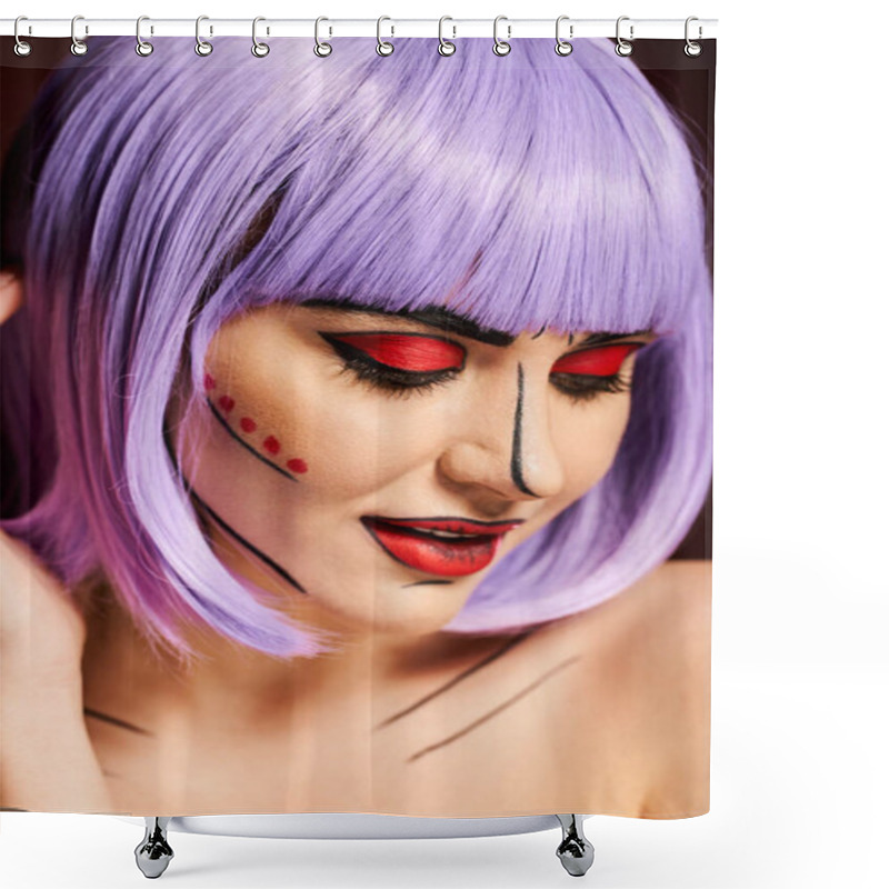 Personality  A Striking Woman With Purple Hair And Vibrant Pop Art Makeup, Embodying A Character From The Pages Of A Comic Book. Shower Curtains