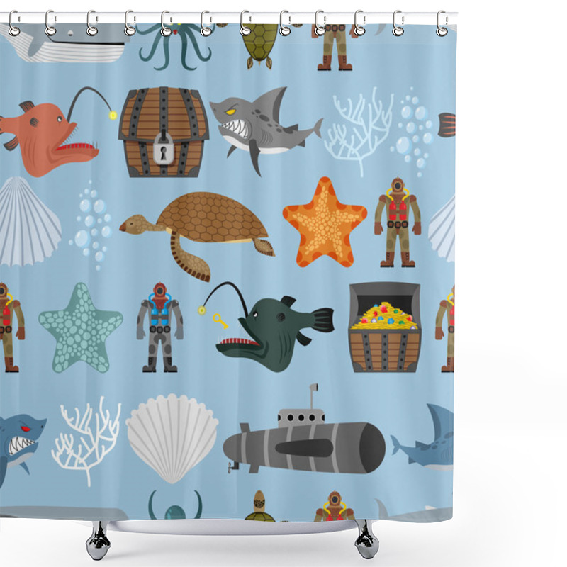 Personality  Ocean Life Seamless Pattern. Shark And Aquatic Turtle, Submarine Shower Curtains