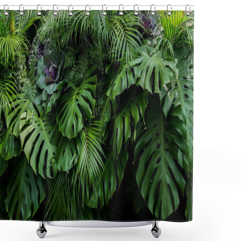 Personality  Green Tropical Leaves Of Monstera, Fern, And Palm Fronds The Rainforest Foliage Plant Bush Floral Arrangement On Dark Background, Natural Leaf Texture Nature Background. Shower Curtains