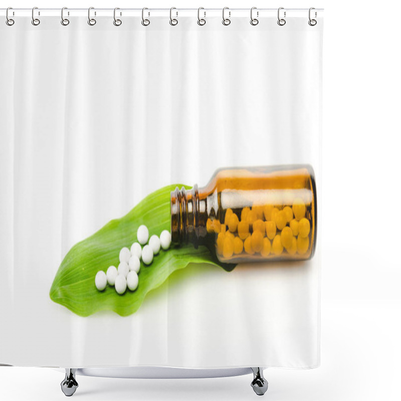 Personality  Bottle With Medicine Near Green Fresh Leaf Isolated On White  Shower Curtains