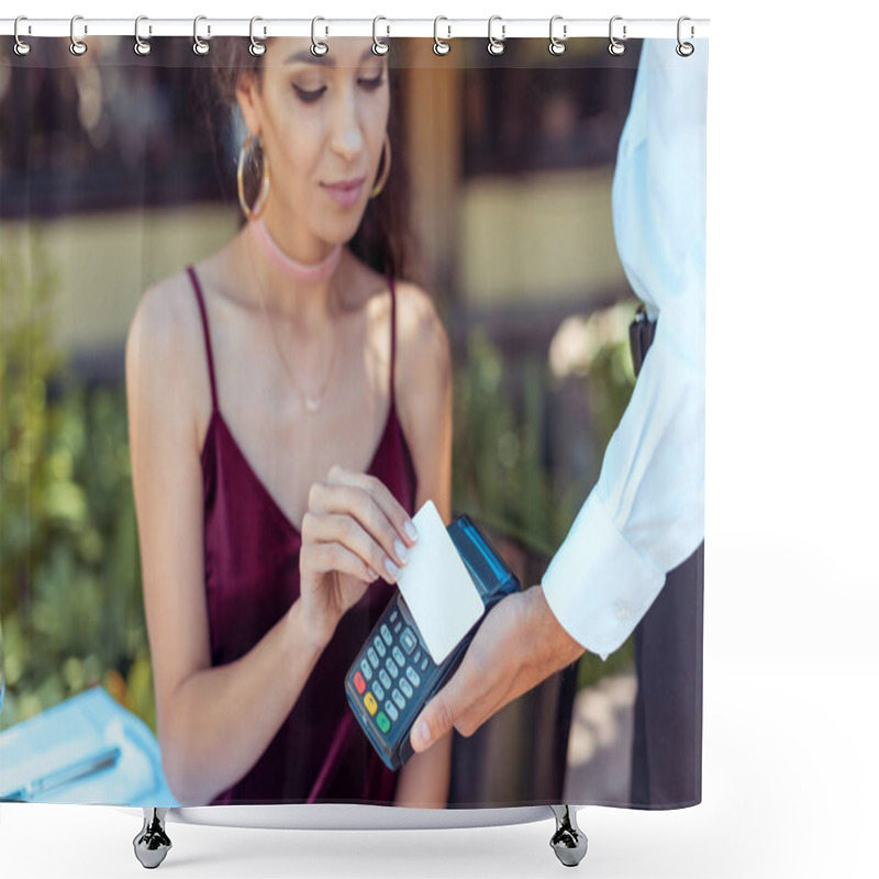 Personality  Woman Using Contactless Credit Card  Shower Curtains