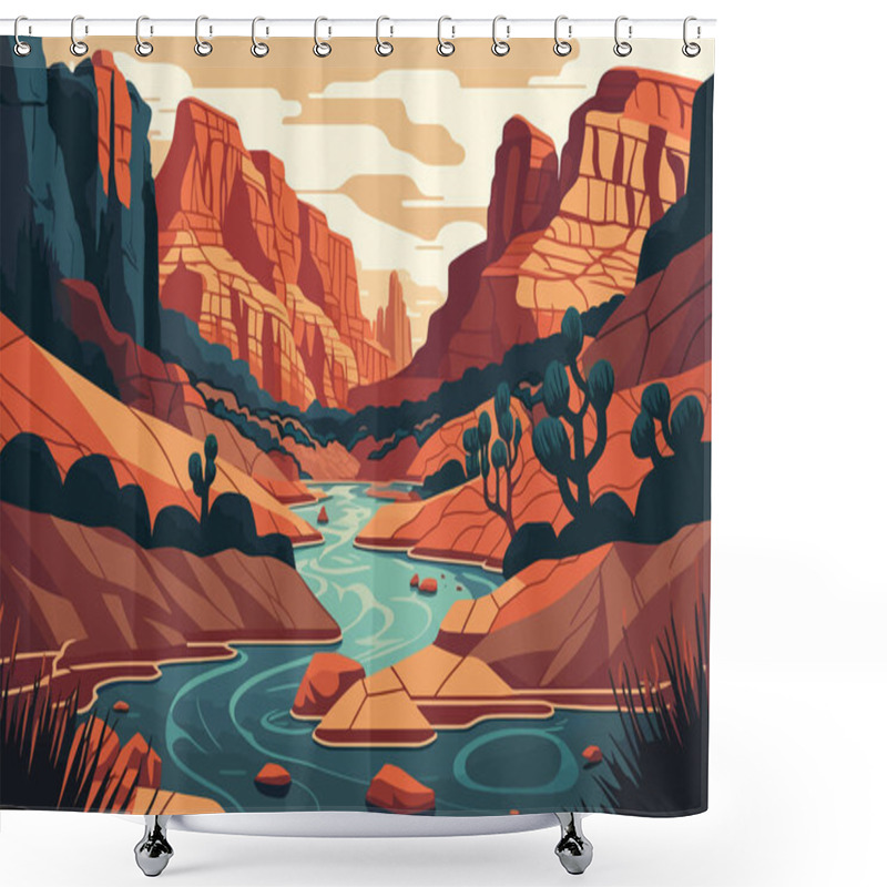 Personality  Canyon With A River Running Through It. Vector Illustration In Flat Style Shower Curtains