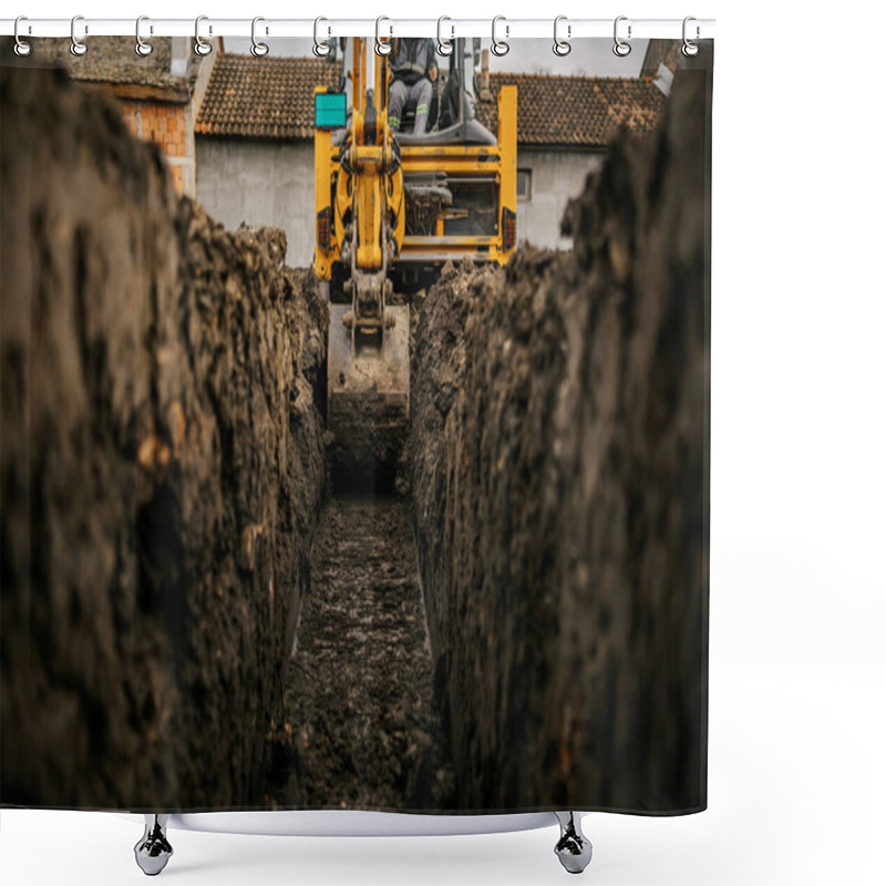 Personality  Cropped Picture Of A Excavator Digging Hole And Making Foundation At Site. Shower Curtains