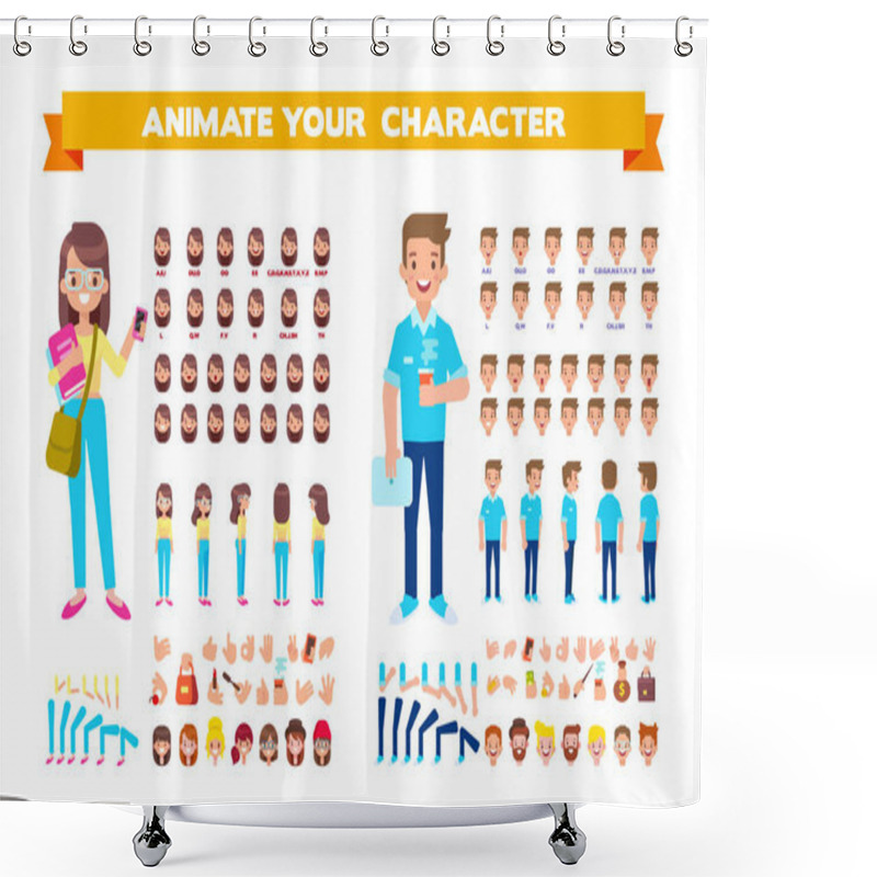 Personality  Front, Side, Back View Animated Characters. Male And Female Students Creation Set With Various Views, Hairstyles, Face Emotions, Poses And Gestures. Cartoon Style, Flat Vector Illustration. Shower Curtains