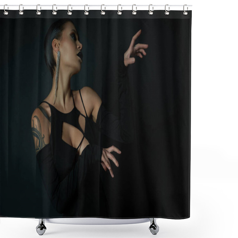 Personality  Sexy Tattooed Woman In Glamour Halloween Dress And Creepy Makeup Gesturing On Black Backdrop Shower Curtains