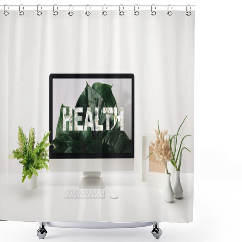 Personality  Computer With Health Lettering And Tropical Green Leaves On Monitor On Desk On White Background Shower Curtains